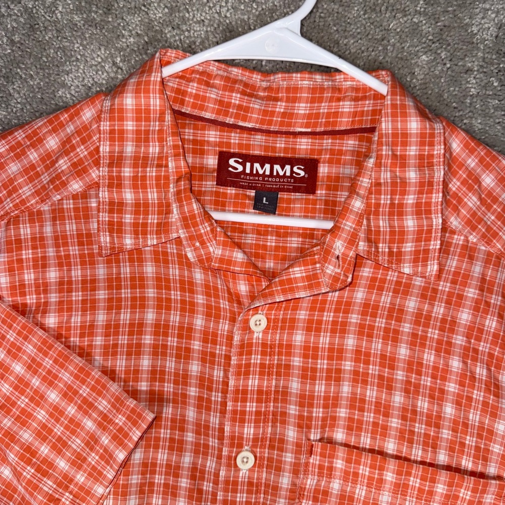 Simms Fishing Products Mens Large Orange Plaid Short Sleeve Button Up Shirt